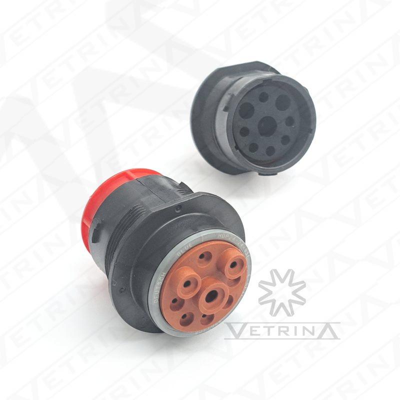 Conector circular Deutsch série HDP20 de 9 vias, modelo HDP24-24-9SE, para montagem em painel com vedação E-seal e configuração para terminais fêmeas em carcaça macho.