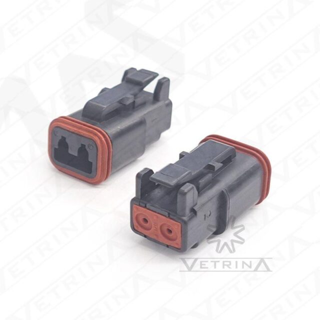 Conector fêmea selado Deutsch série DT de 2 vias, modelo DT06-2S-E004, cor preta, em termoplástico, para uso com terminais tamanho 16 em ambientes severos.