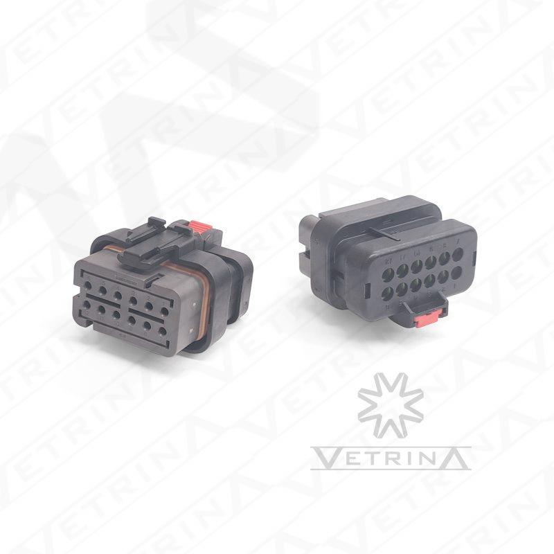 Conector fêmea selado TE Connectivity série AMPSEAL 16 de 12 vias, modelo 776437-2, cor cinza com trava preta, projetado para durabilidade extrema e proteção contra umidade em chicotes.