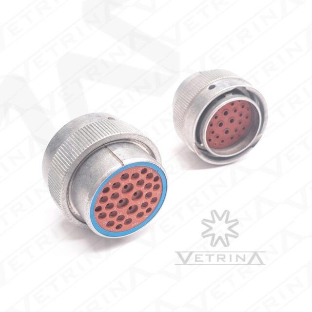 Conector macho circular metálico Deutsch série HD30 de 29 vias, modelo HD36-24-29PE, carcaça de alumínio com vedação E-seal para aplicações pesadas.