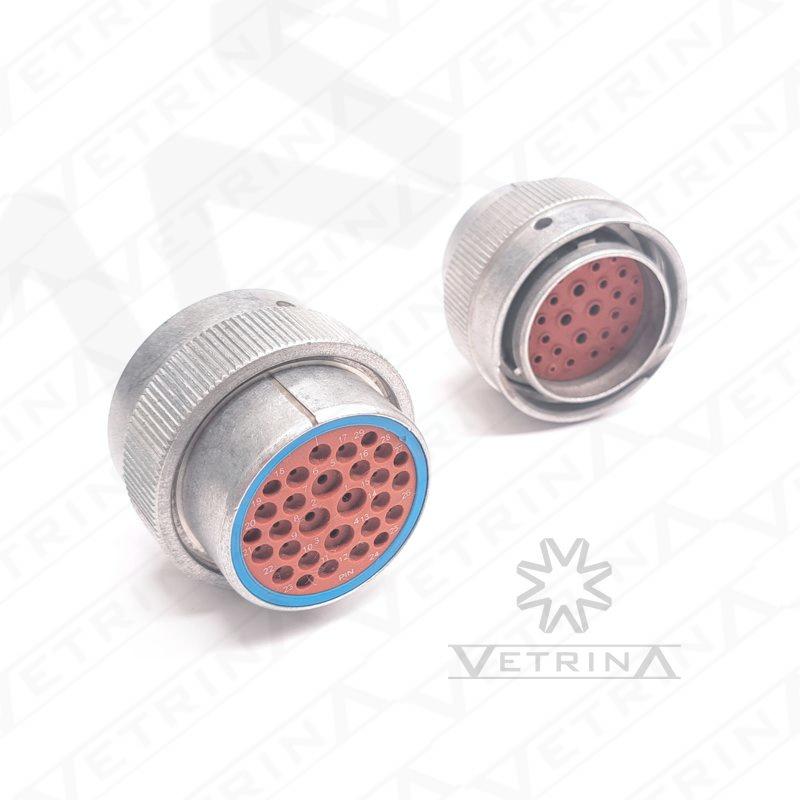Conector macho circular metálico Deutsch série HD30 de 29 vias, modelo HD36-24-29PE, carcaça de alumínio com vedação E-seal para aplicações pesadas.