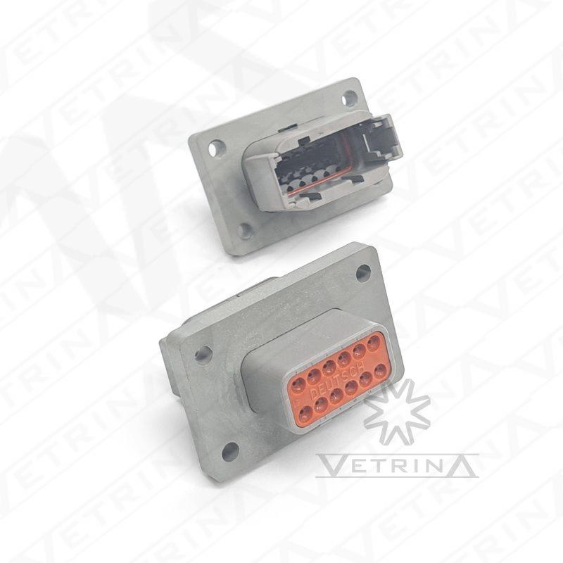 Conector macho selado Deutsch série DTM de 12 vias, modelo DTM04-12PA-L012, cor cinza com flange de 4 furos para montagem em painel e proteção IP68.
