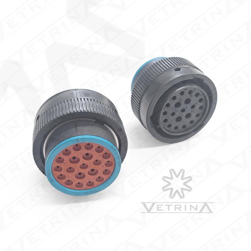 Conector plugue fêmea Deutsch série HDP20 de 21 vias, modelo HDP26-24-21SE, carcaça termoplástica preta com acoplamento por baioneta.