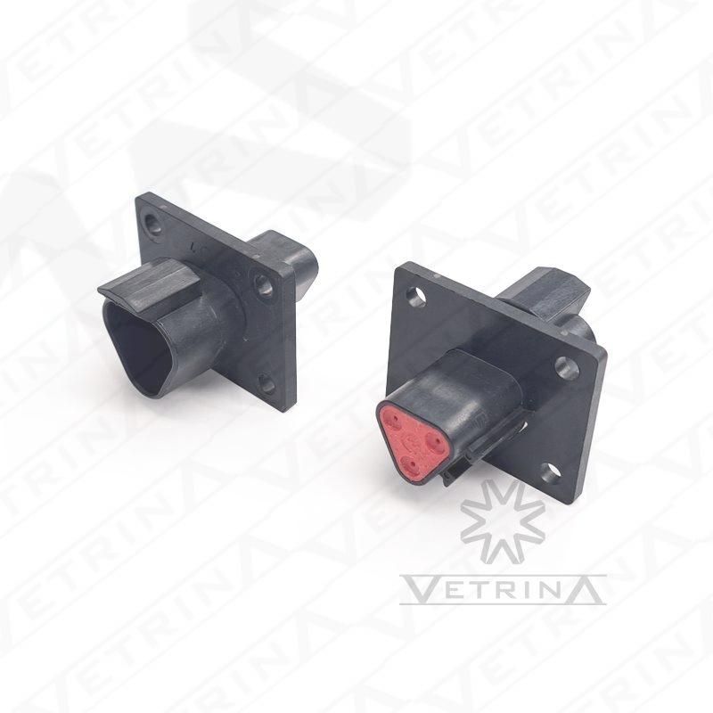 Conector DEUTSCH DT 3 vias preto com flange 4 furos