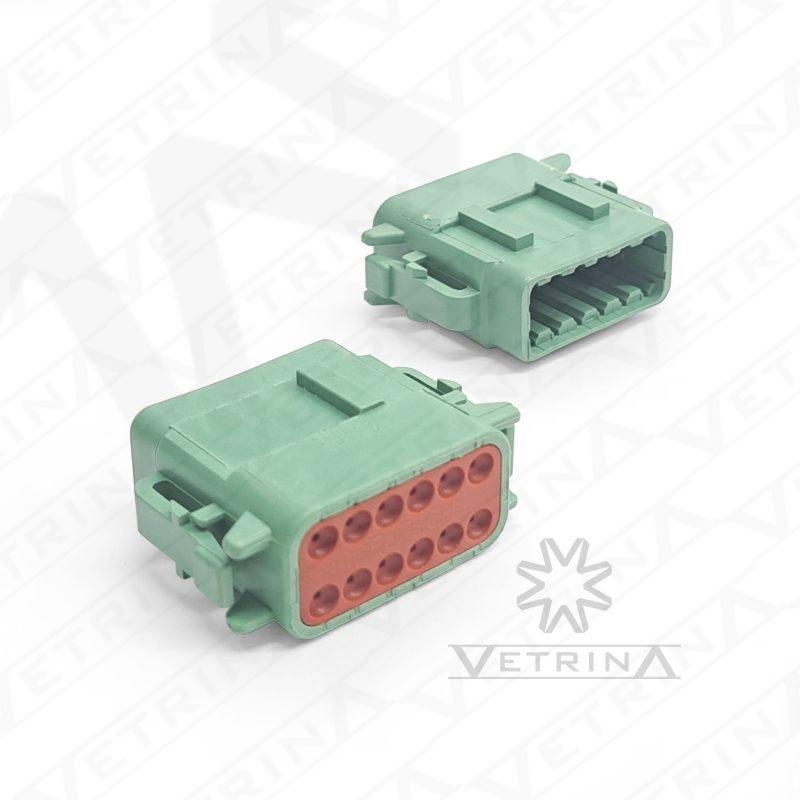 Conector fêmea selado Deutsch série DTM de 12 vias, modelo DTM06-12SC, cor verde com chaveamento tipo C para aplicações eletrônicas.