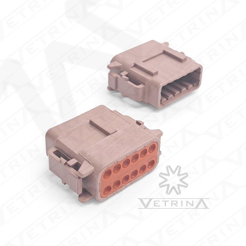 Conector fêmea selado Deutsch série DTM de 12 vias, modelo DTM06-12SD, cor marrom com chaveamento tipo D, para sinais de baixa corrente.