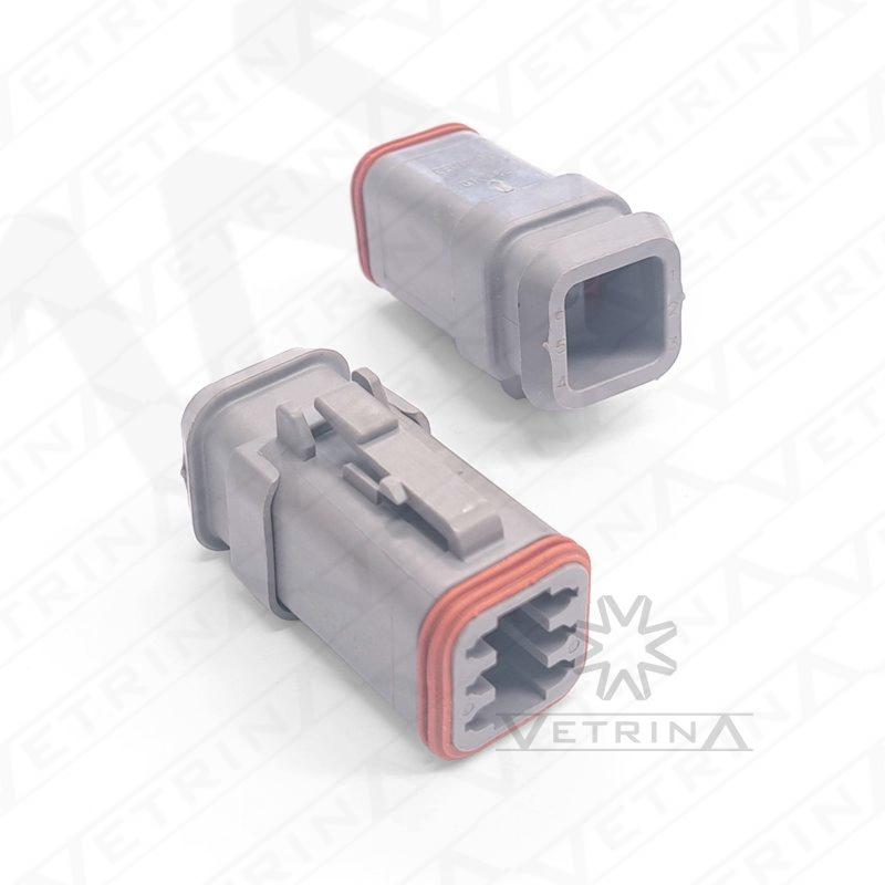 Conector plugue fêmea Deutsch série DT de 6 vias, modelo DT06-6S-E008, cor cinza com carcaça traseira alongada e vedação IP68.