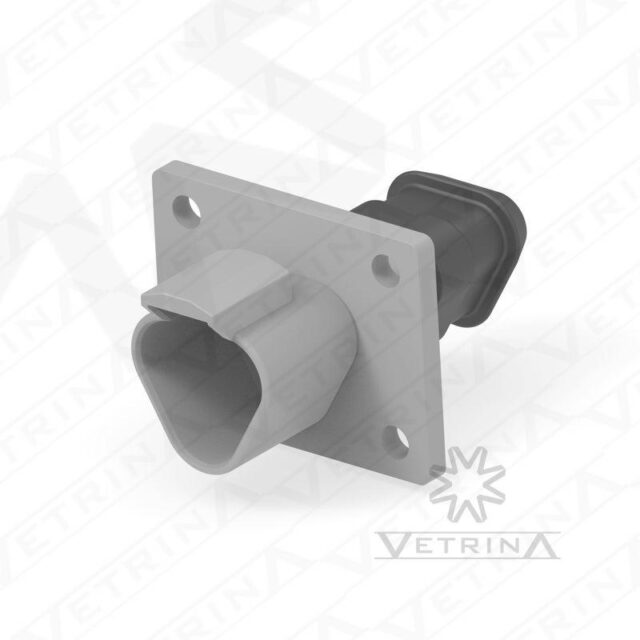 Conector 3 vias cinza com flange e ponta alongada preta