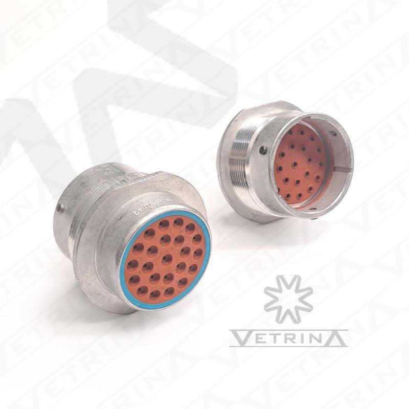 Conector circular Deutsch série HD30 de 23 vias, modelo HD34-24-23PE, em alumínio com vedação E-seal para montagem em painel e alta resistência mecânica.