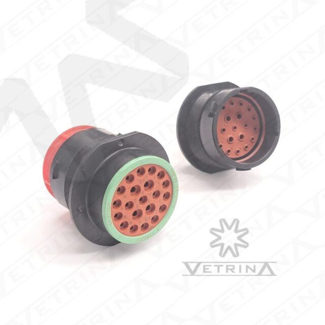 Conector circular Deutsch série HDP20 de 21 vias, modelo HDP24-24-21PN, em termoplástico preto para montagem em painel com vedação contra intempéries.