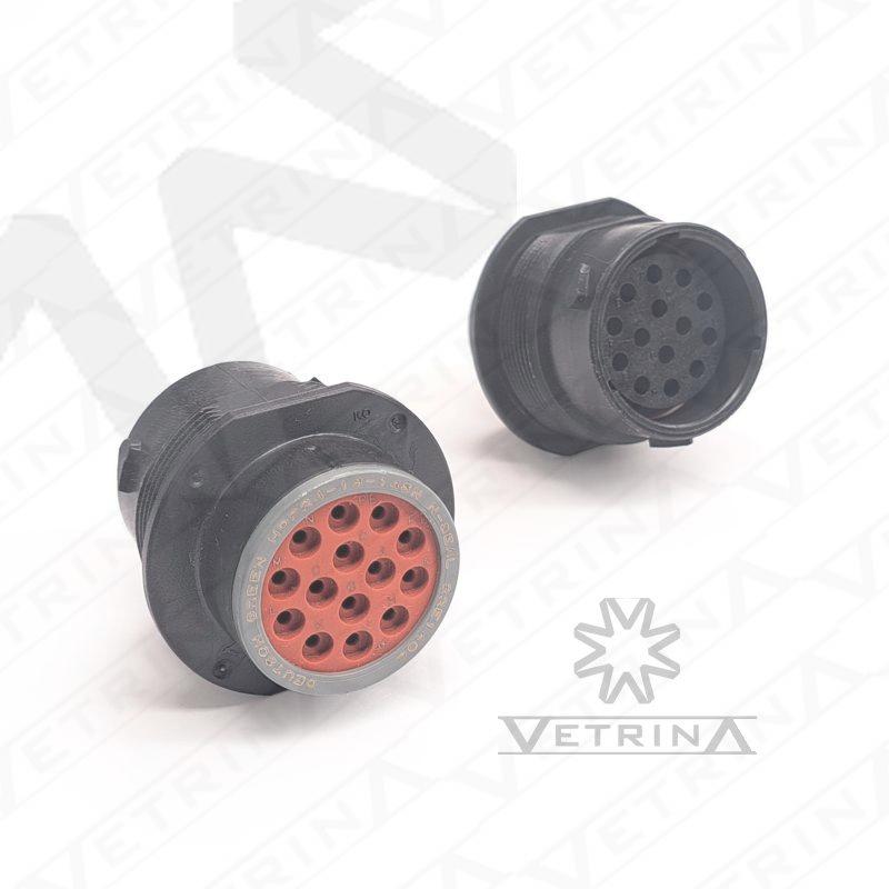 Conector circular Deutsch série HDP20 de 14 vias, modelo HDP24-18-14SN, em termoplástico preto para montagem em painel com configuração para terminais fêmeas.
