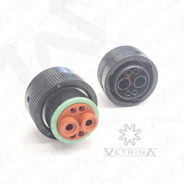 Conector circular Deutsch série HDP20 de 6 vias, modelo HDP26-18-6SN, em termoplástico preto, projetado para conexão selada de chicotes elétricos em ambientes severos.