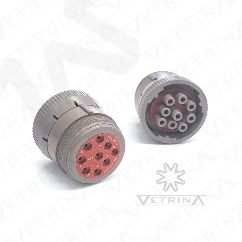 Conector circular Deutsch série HD10 de 9 vias, modelo HD16-9-96S, cor cinza, projetado para conexões seladas e duráveis em sistemas elétricos industriais e automotivos.
