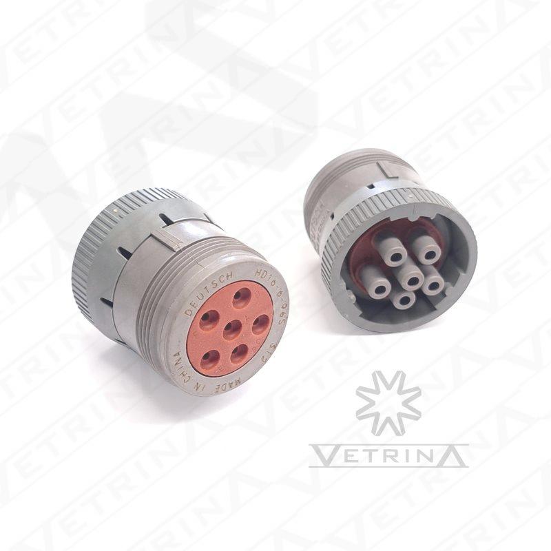Conector circular Deutsch série HD10 de 6 vias, modelo HD16-6-96S, na cor cinza, com corpo termoplástico selado para proteção em ambientes severos.