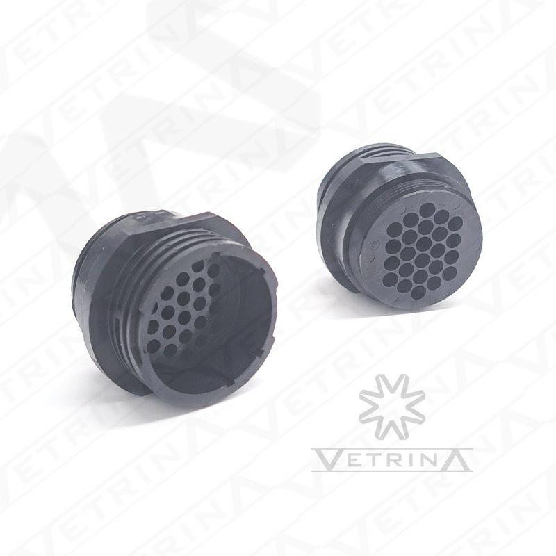 Conector circular plástico TE Connectivity série CPC de 24 vias, modelo 206838-2, em termoplástico preto, sem flange, projetado para conexões aéreas ou em linha em sistemas eletrônicos.
