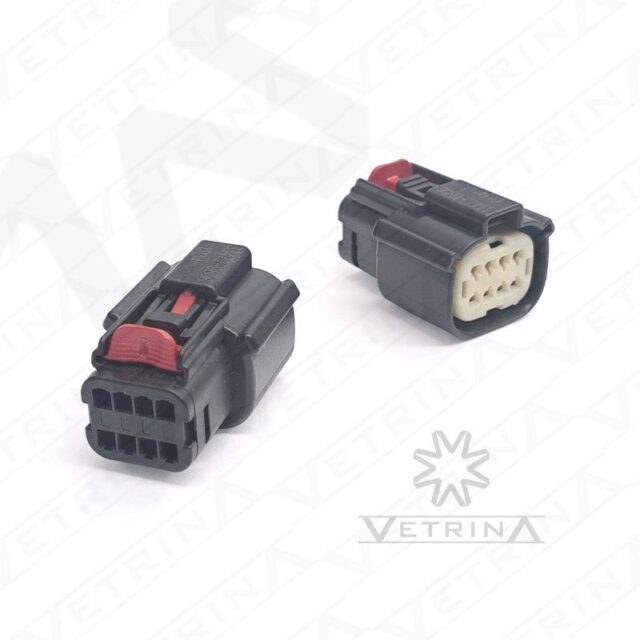 Conector selado Molex série MX150 de 8 vias, modelo 33472-4801, cor preta com trava TPA integrada, projetado para chicotes automotivos de alta performance.