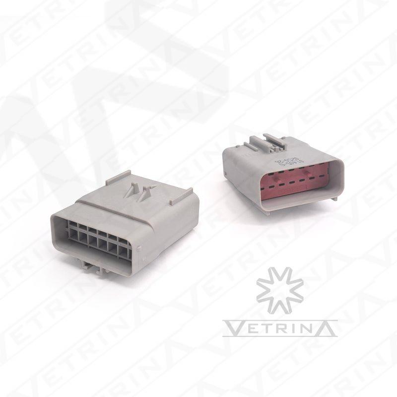 Conector macho Aptiv série Apex 2.8 de 14 vias, modelo 54201405, cor cinza com trava vermelha, projetado para alta capacidade de corrente em sistemas elétricos automotivos.