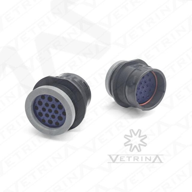 Conector circular selado Aptiv série HES de 47 vias, modelo 15544324, em termoplástico preto, projetado para alta densidade de pinos em aplicações automotivas pesadas.
