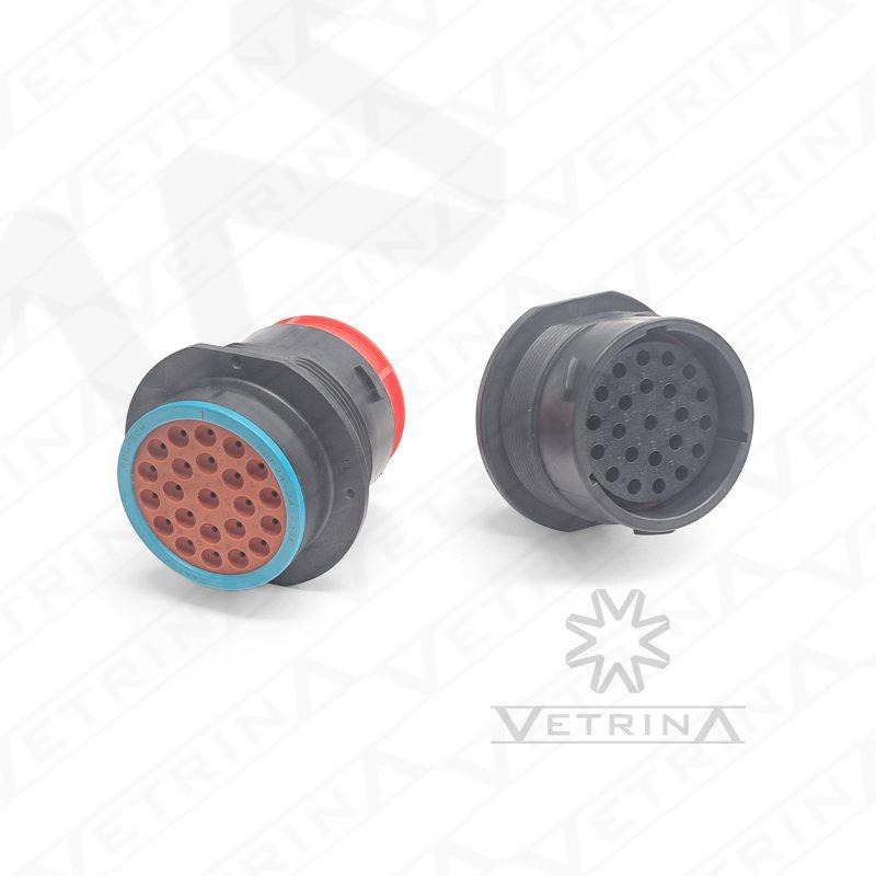 Conector circular Deutsch série HDP20 de 23 vias, modelo HDP24-24-23SE, para montagem em painel, com vedação E-seal e configuração para terminais fêmeas em carcaça macho.