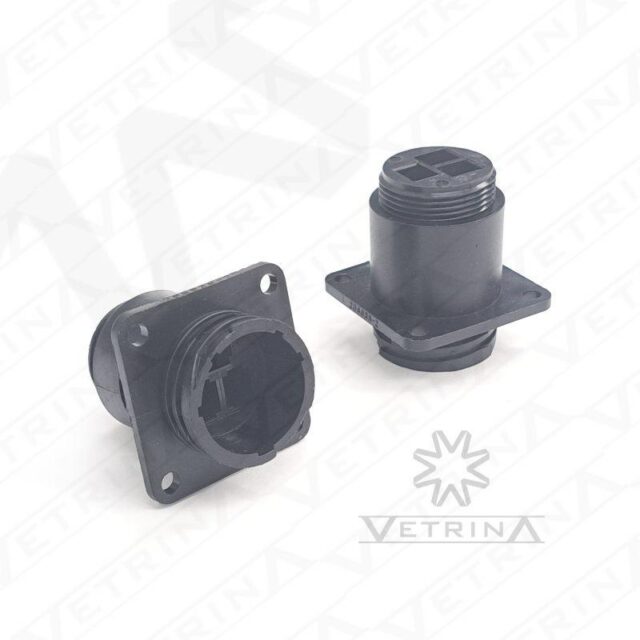Conector macho circular plástico TE Connectivity série CPC de 3 vias, modelo 206036-2, com flange de montagem em painel e corpo em termoplástico preto para aplicações de potência.