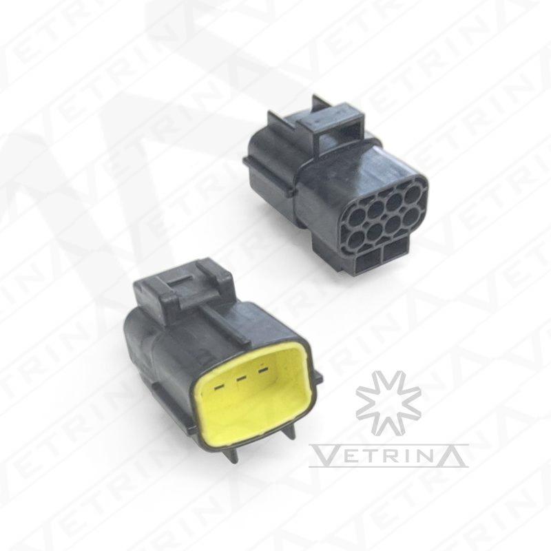 Conector macho selado TE Connectivity série Econoseal J de 8 vias, modelo 174984-2, cor preta, projetado para alta confiabilidade e vedação em chicotes elétricos veiculares.
