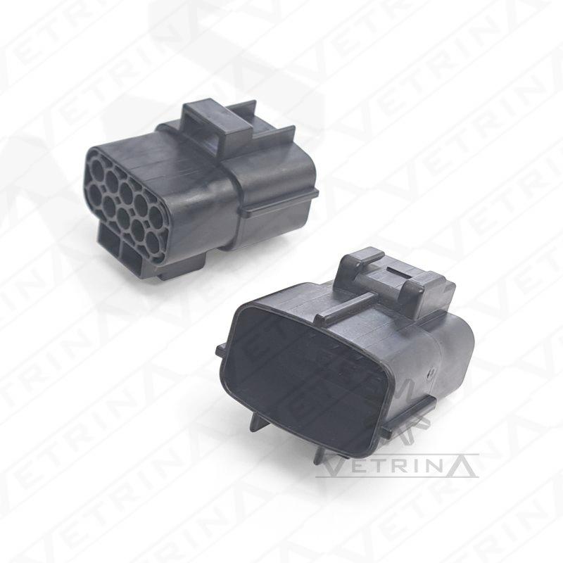 Conector macho selado TE Connectivity série Econoseal J de 10 vias, modelo 174657-2, cor preta, projetado para vedação estanque e alta durabilidade em conexões elétricas veiculares.