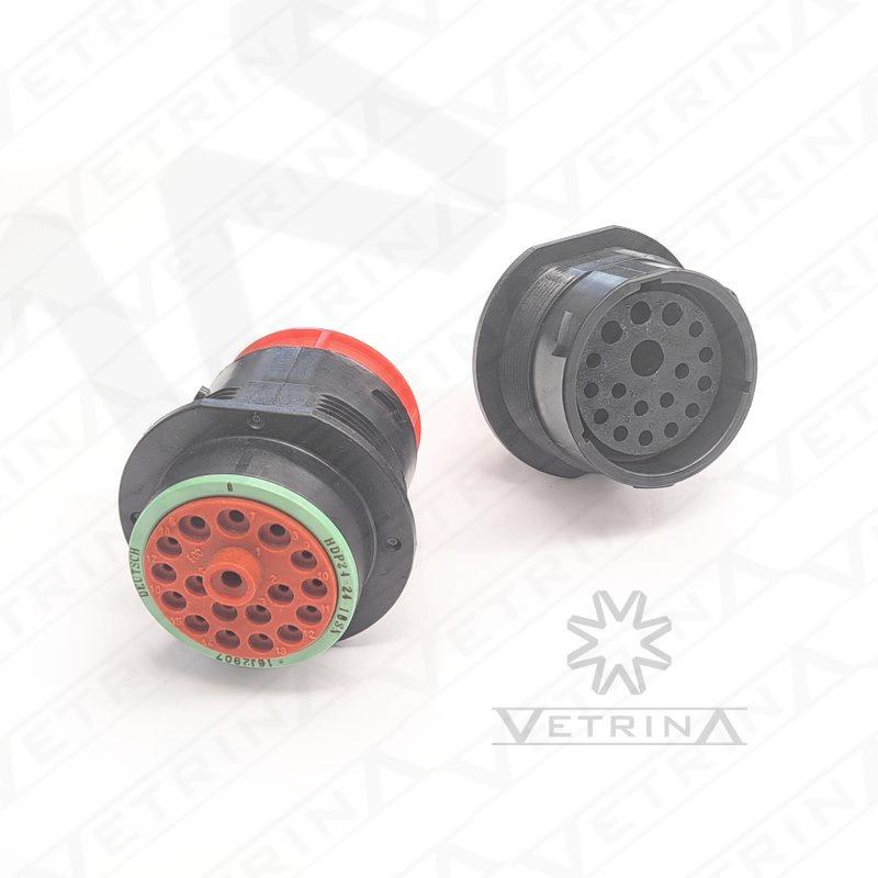 Conector circular Deutsch série HDP20 de 18 vias, modelo HDP24-24-18SN, para montagem em painel, cor preta com vedação N-seal e configuração para terminais fêmeas.