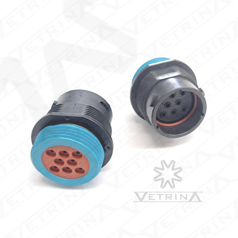 Conector circular Deutsch série HDP20 de 8 vias, modelo HDP24-18-8PE-L024, para montagem em painel com vedação E-seal e adaptador traseiro roscado para proteção de chicote.