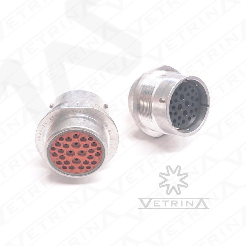 "Conector circular Deutsch série HD30 de 29 vias, modelo HD34-24-29SE, em alumínio com vedação E-seal, projetado para montagem em painel em aplicações de alta resistência e durabilidade.