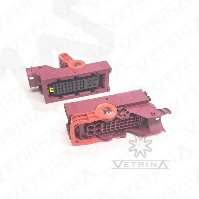 Conector fêmea selado TE Connectivity série LEVYSEAL de 31 vias, modelo 1-2208685-6, cor roxa com alavanca vermelha, projetado para alta densidade e resistência em chicotes automotivos.