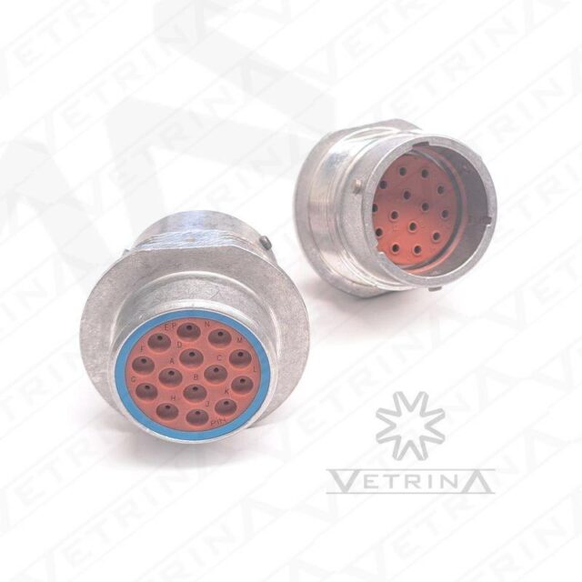 Conector circular macho Deutsch série HD30 de 14 vias, modelo HD34-18-14PE, em alumínio com vedação E-seal, para montagem em painel em ambientes de trabalho pesado.