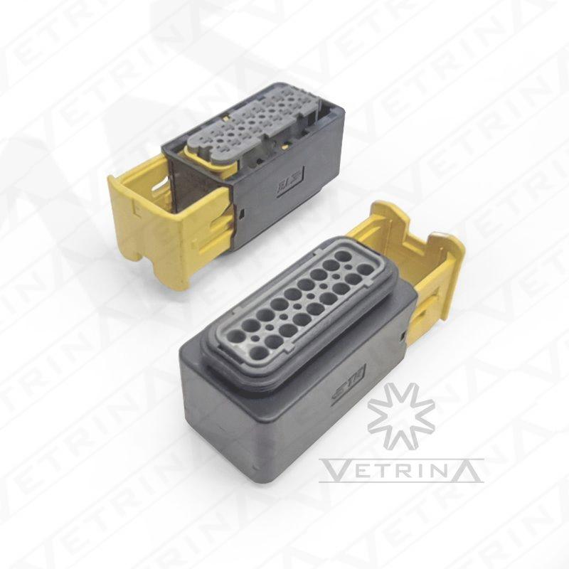 Conector fêmea selado TE Connectivity série MCP de 18 vias, modelo 2-1563759-1, cor cinza com trava secundária amarela e chaveamento tipo B, para conexões automotivas robustas.