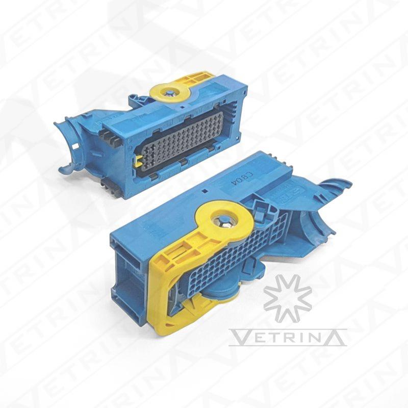 Conector fêmea selado TE Connectivity série LEVYSEAL de 62 vias, modelo 3-1418883-1, cor azul com alavanca de trava, projetado para conexões híbridas de alta densidade em sistemas automotivos.
