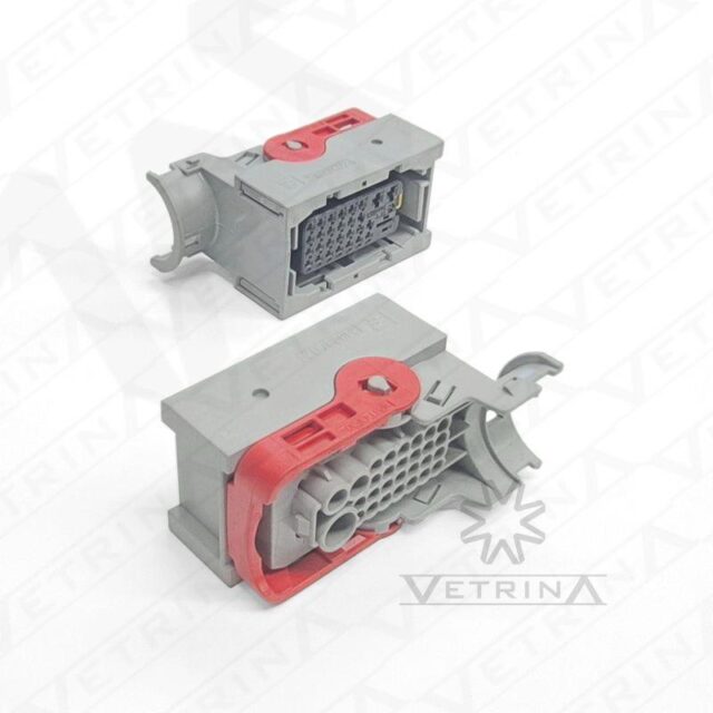 Conector fêmea selado TE Connectivity série LEVYSEAL de 29 vias, modelo 2-1823403-1, cor cinza com alavanca de trava vermelha, para conexões híbridas de alta performance em motores e chassis.