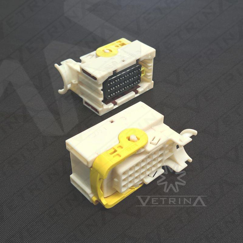 Conector fêmea selado TE Connectivity série LEVYSEAL de 21 vias, modelo 2-1534127-1, cor branca com alavanca amarela, projetado para conexões híbridas de alta densidade e resistência vibratória.