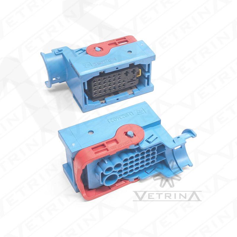 Conector fêmea selado TE Connectivity série LEVYSEAL de 29 vias, modelo 3-1823402-1, cor azul com alavanca vermelha, configurado para terminais híbridos de diversas potências em sistemas automotivos.