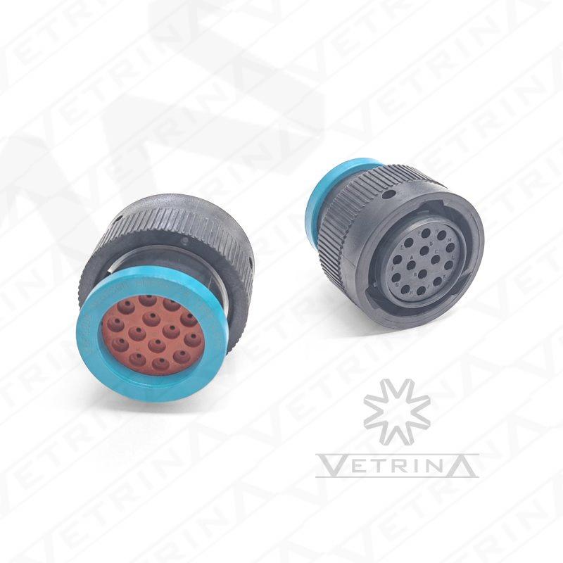 Conector fêmea circular Deutsch série HDP20 de 14 vias, modelo HDP26-18-14SE-L017, em termoplástico preto com flange traseira e vedação E-seal para condições severas.