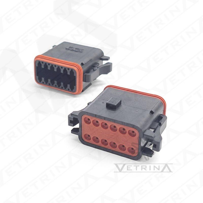 Conector fêmea selado Amphenol série AT de 12 vias, modelo AT06-12SB, cor preta com chaveamento mecânico tipo B, ideal para aplicações industriais e automotivas de alta durabilidade.