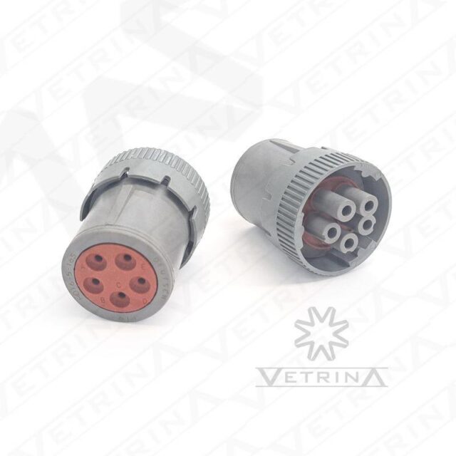 Conector fêmea circular Deutsch série HD10 de 5 vias, modelo HD16-5-16S, cor cinza, fabricado em termoplástico para aplicações automotivas pesadas.