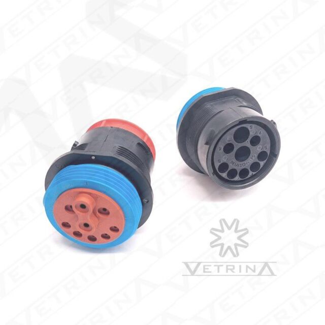 Conector macho circular Deutsch série HDP20 de 9 vias, modelo HDP24-24-91PE-L024, para montagem em painel com vedação E-seal e terminais mistos.