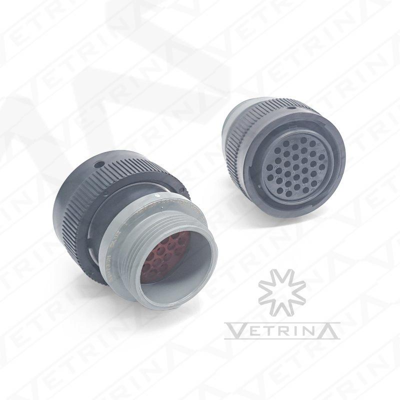 Conector fêmea selado Deutsch série HDP20 de 31 vias, modelo HDP26-24-31SE-L015, carcaça termoplástica preta com anel de rosca traseira e vedação E-seal.