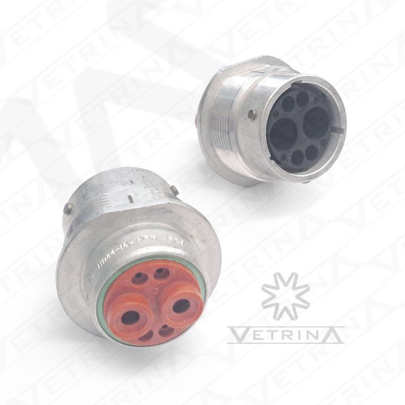 Conector receptáculo macho Deutsch série HD30 de 6 vias, modelo HD34-18-6PN, carcaça de alumínio resistente com proteção IP68 para uso pesado.