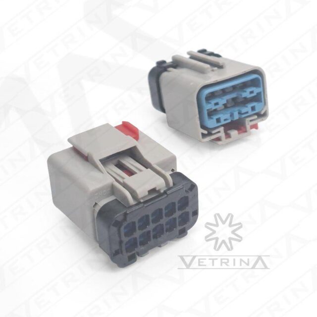 Conector fêmea selado Aptiv série Apex 2.8 de 10 vias, modelo 54201010, cor cinza com trava CPA e proteção IP68 para aplicações automotivas pesadas.