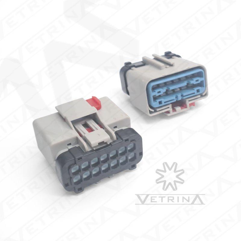 Conector fêmea selado Aptiv série Apex 2.8 de 14 vias, modelo 54201412, cor cinza com tecnologia de vedação IP68 para chicotes automotivos de alta performance.