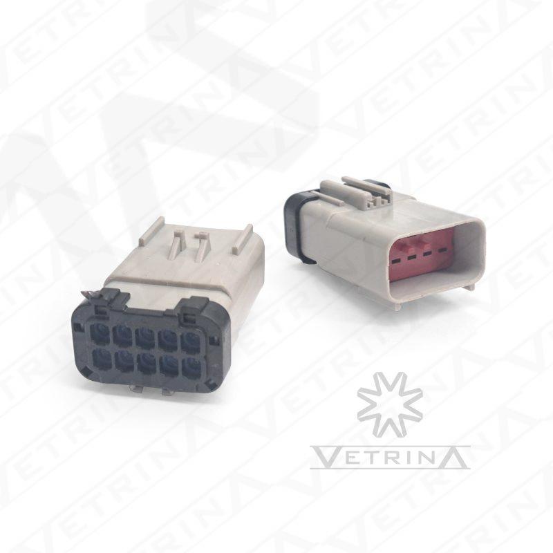 Conector macho selado Aptiv série Apex 2.8 de 10 vias, modelo 54201017, cor cinza com proteção IP68 para conexões elétricas automotivas de potência.