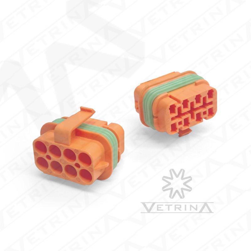 Conector fêmea Eaton Bussmann de 8 vias, modelo 32006-G22, cor laranja, para blocos de distribuição de energia e chicotes elétricos automotivos.