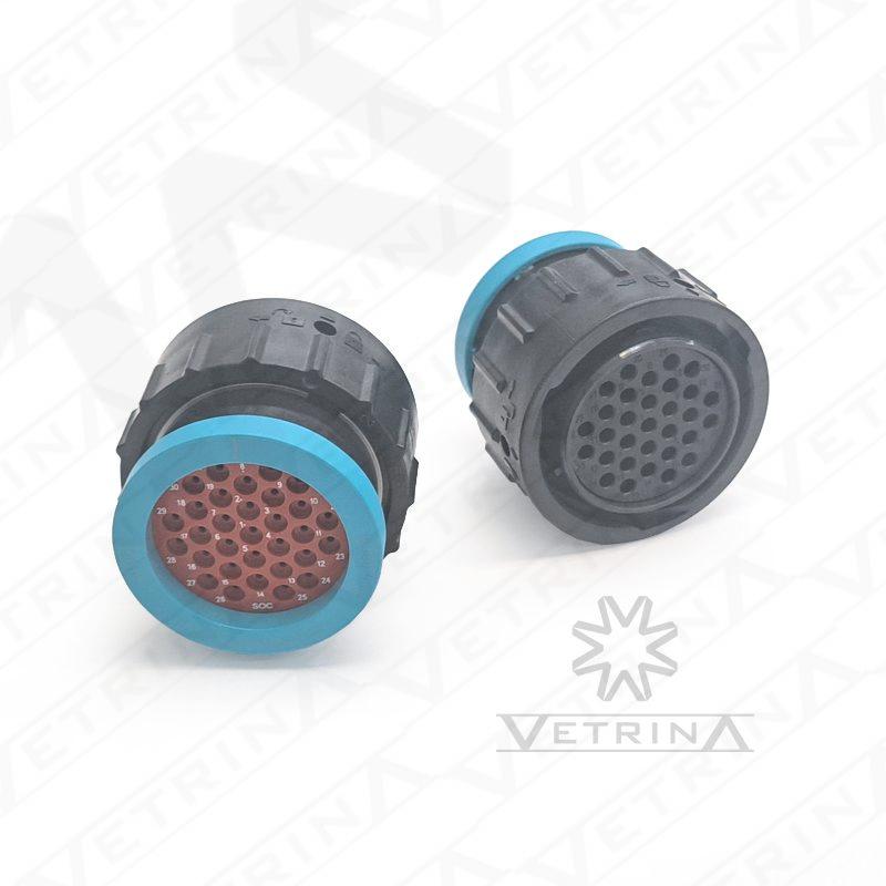 Conector plugue fêmea Amphenol AHDP de 31 vias, modelo AHDP06-24-31SR-BRA, com anel adaptador traseiro e proteção IP69K.