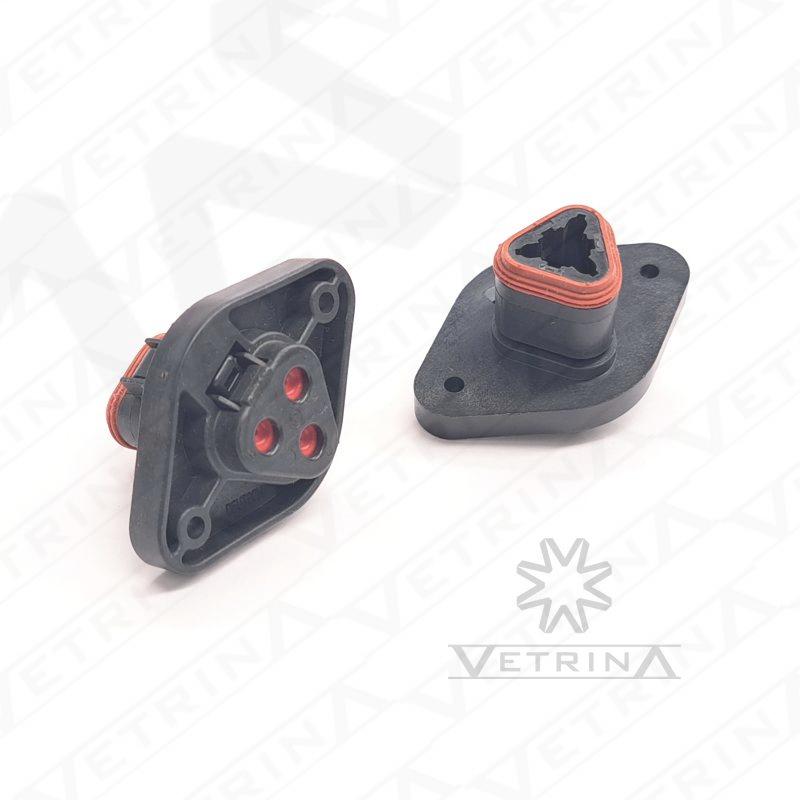 Conector DEUTSCH DT 3 vias preto com flange 2 furos