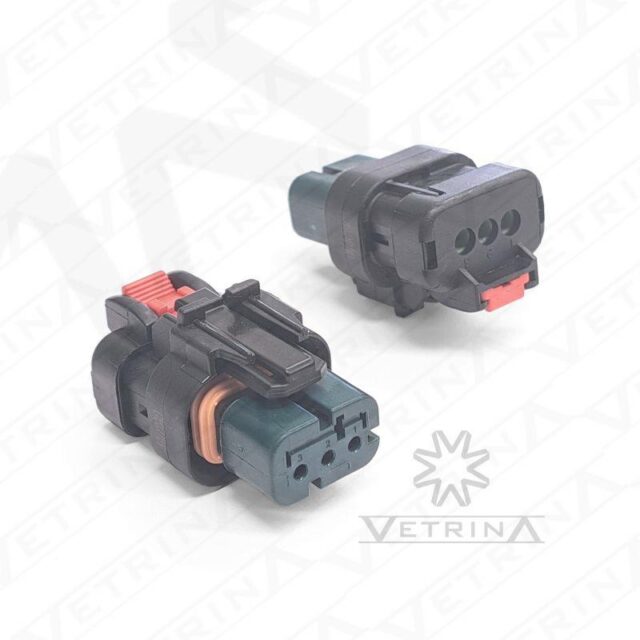 Conector selado TE Connectivity AMPSEAL 16 de 3 vias, modelo 776429-4, na cor verde, projetado para proteção contra umidade e vibração em chicotes industriais.