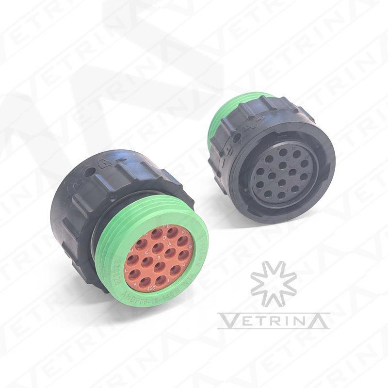 Conector circular Amphenol AHDP de 14 vias, modelo AHDP06-18-14SN-WTA, em termoplástico preto com adaptador WTA para alívio de tensão e proteção de cabos em ambientes pesados.
